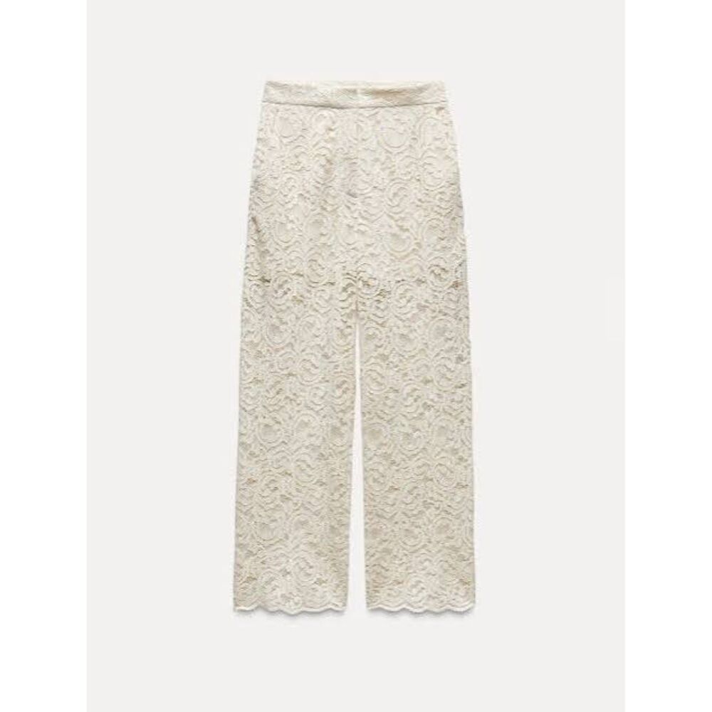 Cream Zara Allover Floral Lace High-Waist Scallop Hem Cropped Pants (NWT)